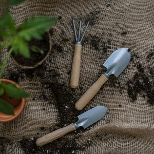 Gardening tools with potted plants and soil on burlap, perfect for home gardening themes.